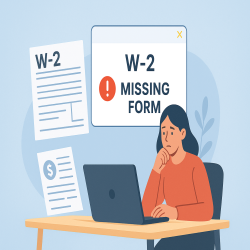Person worried about missing W-2 form while using an online W-2 generator on a laptop during tax season.