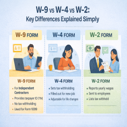 W-9 vs W-4 vs W-2 tax forms comparison infographic explaining differences for employees and contractors.
