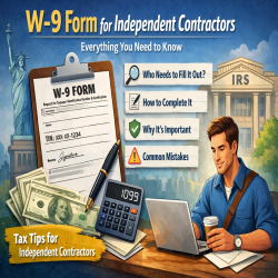 Independent contractor working on laptop with W-9 tax form and financial tools